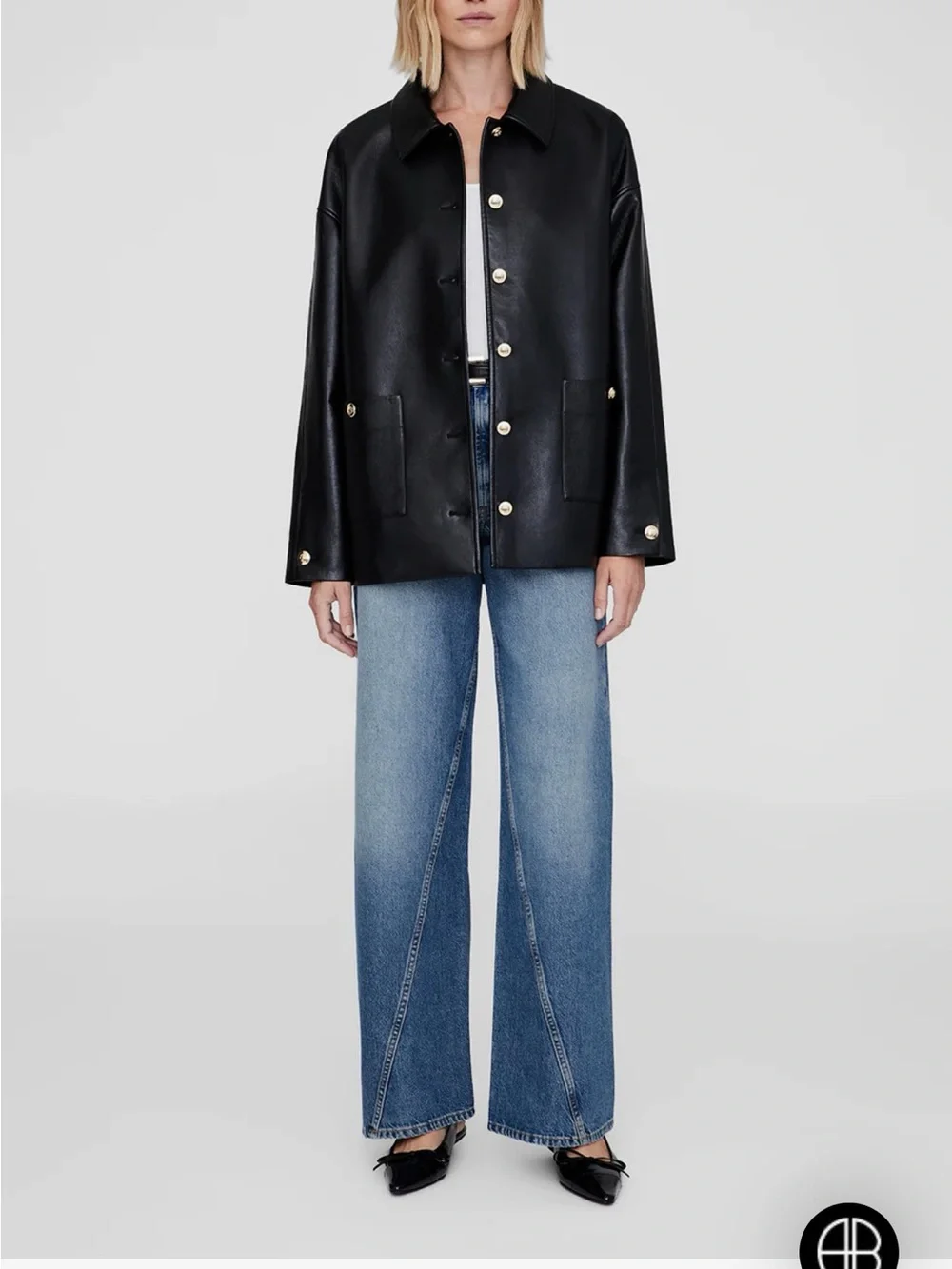 Anine Bing Luca Black Leather Button-Front Jacket with Gold Hardware